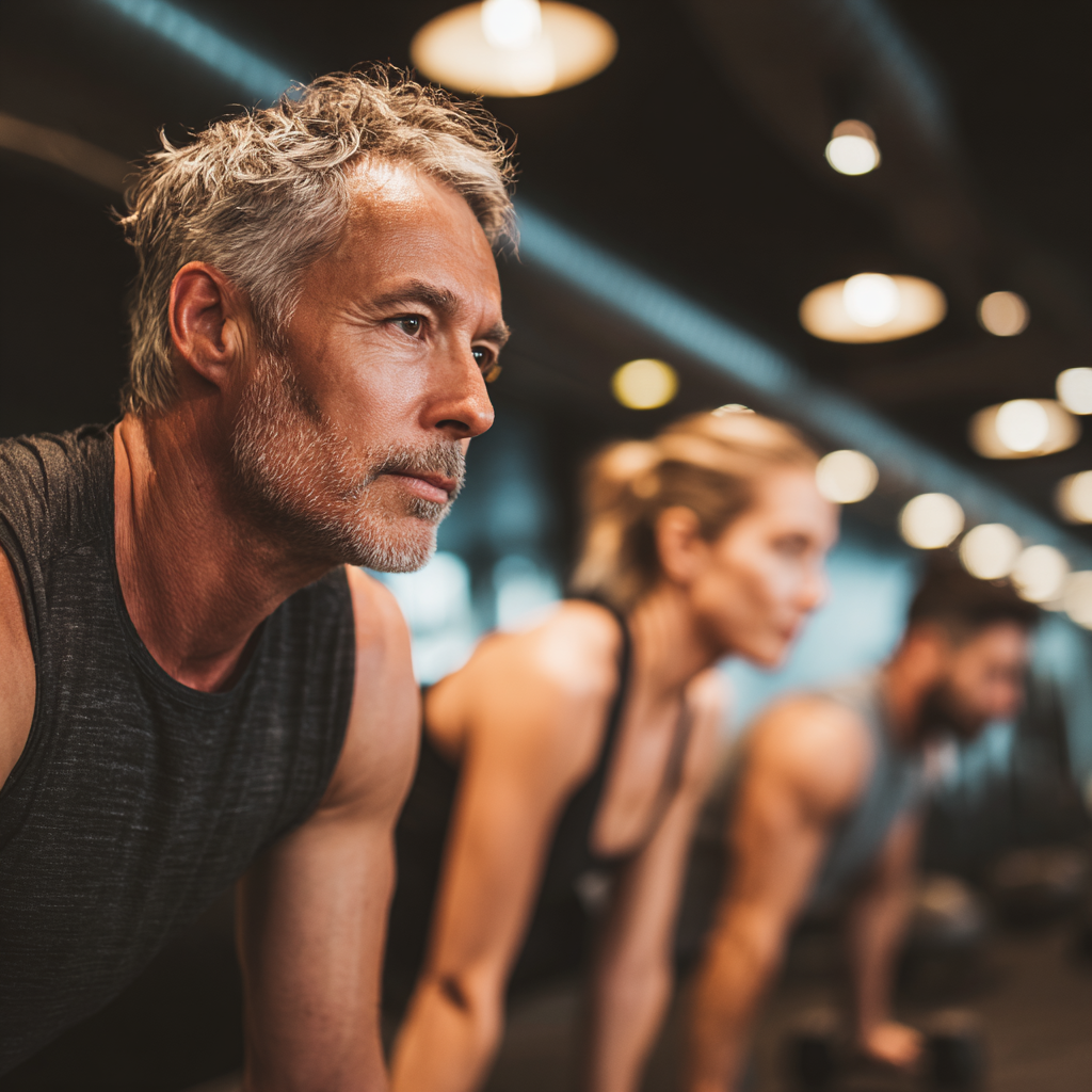 middle-aged adults exercising together in modern fitness facility