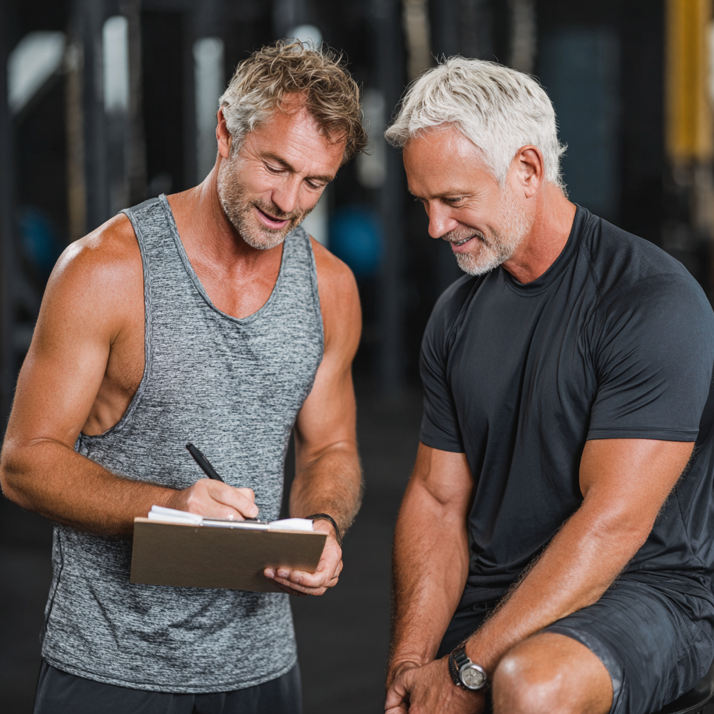 professional fitness trainer consulting with middle-aged client